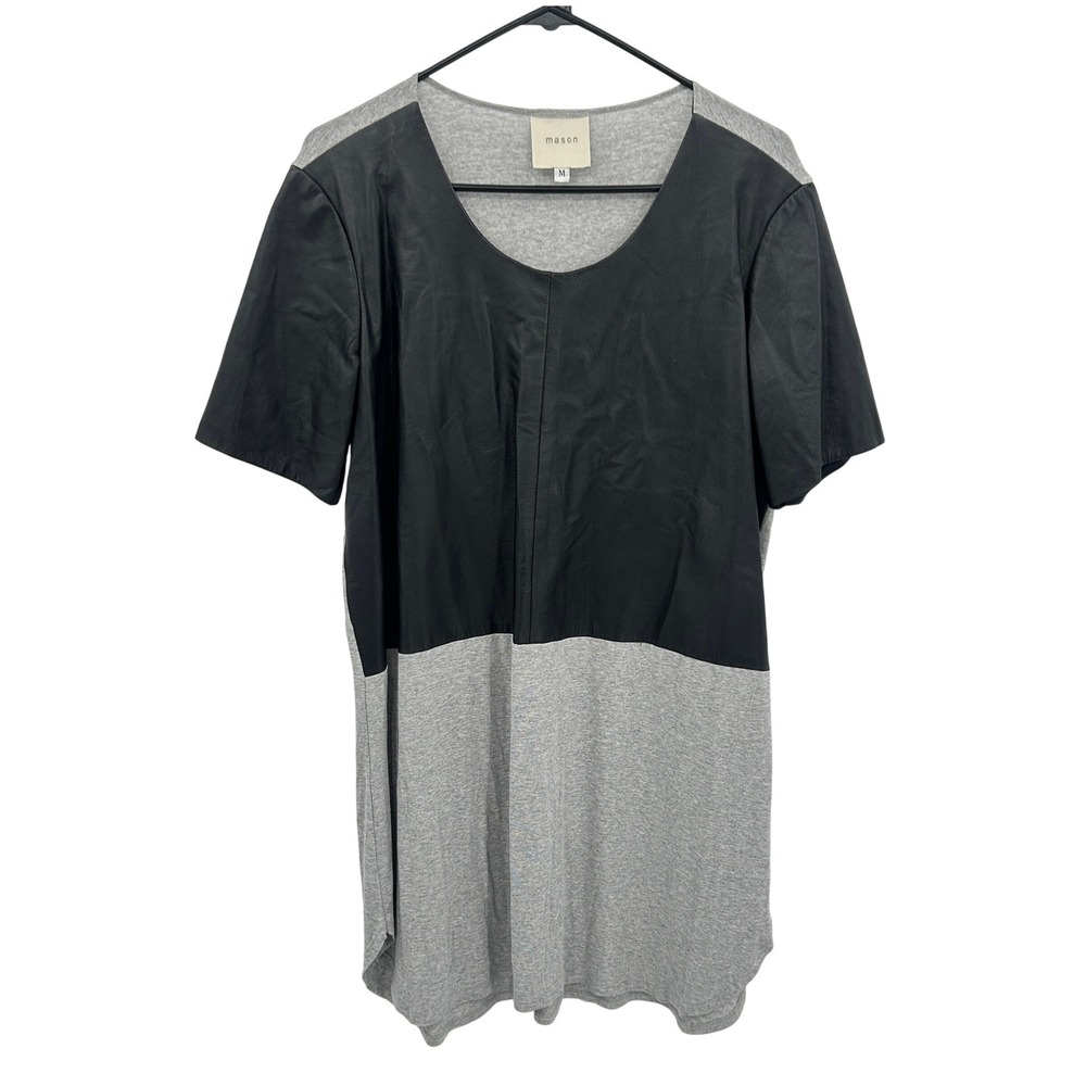 Mason Lambskin Leather Silk Shirt Dress M Gray‎ Black Avant Garde Minimalist USA